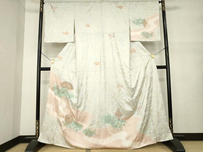 平和屋着物●中国三大刺繍　汕頭刺繍　スワトウ刺繍　訪問着　絞り　扇面花鳥文　金彩　ますいわ屋扱い　正絹　逸品　AABM6650ck