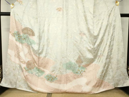 平和屋着物●中国三大刺繍　汕頭刺繍　スワトウ刺繍　訪問着　絞り　扇面花鳥文　金彩　ますいわ屋扱い　正絹　逸品　AABM6650ck