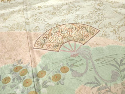 平和屋着物●中国三大刺繍　汕頭刺繍　スワトウ刺繍　訪問着　絞り　扇面花鳥文　金彩　ますいわ屋扱い　正絹　逸品　AABM6650ck