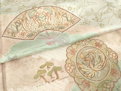 平和屋着物●中国三大刺繍　汕頭刺繍　スワトウ刺繍　訪問着　絞り　扇面花鳥文　金彩　ますいわ屋扱い　正絹　逸品　AABM6650ck