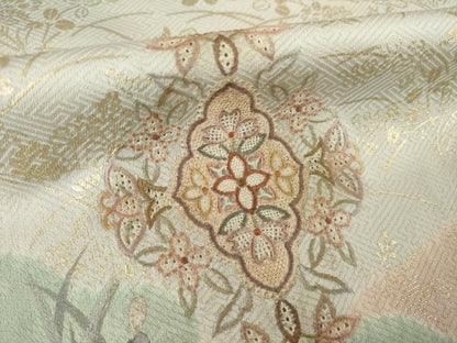 平和屋着物●中国三大刺繍　汕頭刺繍　スワトウ刺繍　訪問着　絞り　扇面花鳥文　金彩　ますいわ屋扱い　正絹　逸品　AABM6650ck