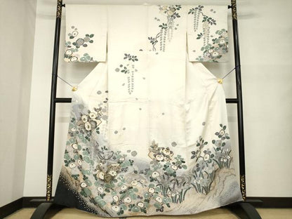 平和屋着物●訪問着　絞り　地紙花文　暈し染め　金彩　銀通し地　正絹　逸品　AABM6666ck