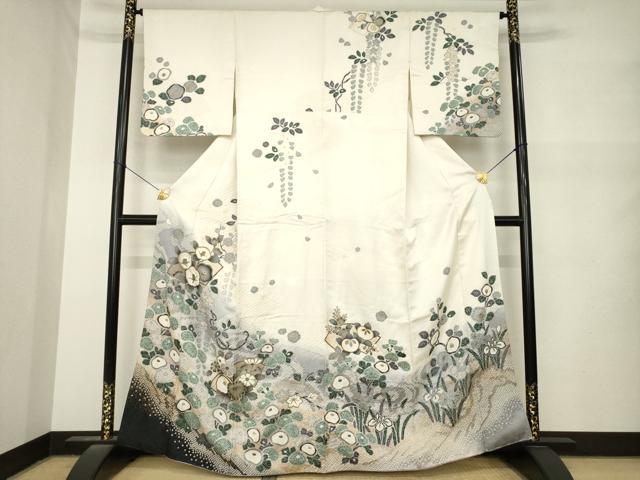 平和屋着物●訪問着　絞り　地紙花文　暈し染め　金彩　銀通し地　正絹　逸品　AABM6666ck