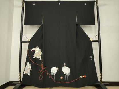 平和屋着物●京友禅作家　倉田泰波　黒留袖　童子　鶴　正絹　逸品　AABM6671ck