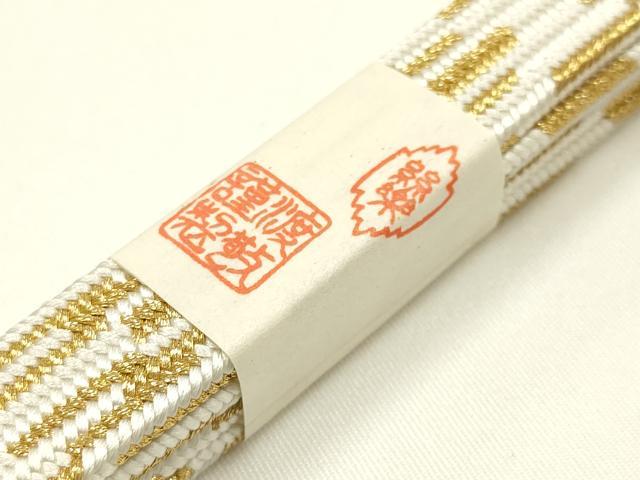 平和屋着物●和装小物 上質な帯締め 大正十四年創業 和装小物の老舗 三ッ杵印 紐の渡敬 貝ノ口組 三分金糸 撚り房 逸品 未使用　AABM6769ay