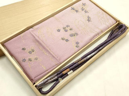 平和屋本店●和装小物　帯締め・帯揚げセット　丸組　枝花文　橘　楓　金糸　金彩　暈し染め　正絹　逸品　未使用　AABM6994ay