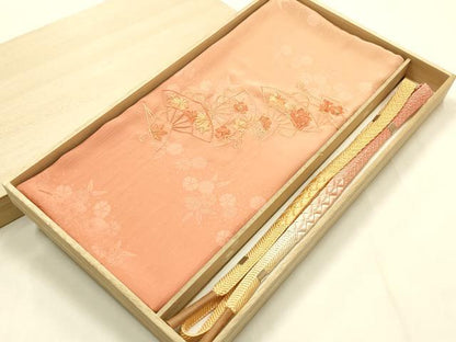 平和屋本店●和装小物　帯締め・帯揚げセット　笹浪組　刺繍　舞扇花文　金糸　暈し染め　正絹　逸品　未使用　AABM6997ay