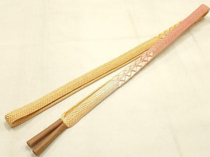 平和屋本店●和装小物　帯締め・帯揚げセット　笹浪組　刺繍　舞扇花文　金糸　暈し染め　正絹　逸品　未使用　AABM6997ay