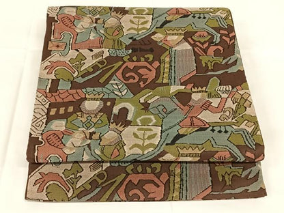 平和屋着物◎六通柄袋帯　人物風景文　正絹　逸品　AABM7006dk