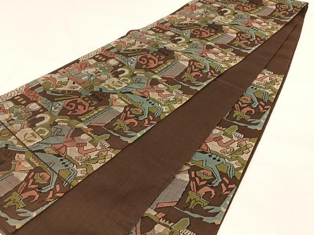 平和屋着物◎六通柄袋帯　人物風景文　正絹　逸品　AABM7006dk