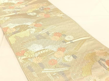 平和屋着物◎六通柄袋帯　唐織　扇面花文　金銀糸　正絹　逸品　AABM7013dk