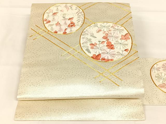 平和屋着物◎九寸名古屋帯　駒刺繍　花丸文　銀糸　正絹　逸品　AABM7014dk