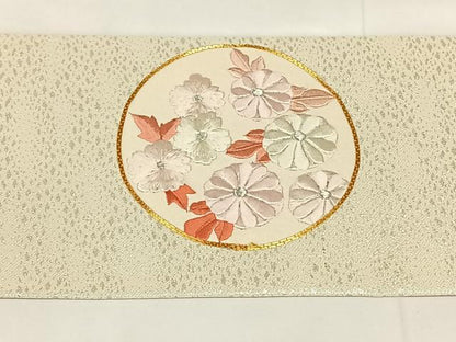 平和屋着物◎九寸名古屋帯　駒刺繍　花丸文　銀糸　正絹　逸品　AABM7014dk