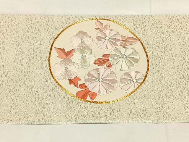 平和屋着物◎九寸名古屋帯　駒刺繍　花丸文　銀糸　正絹　逸品　AABM7014dk