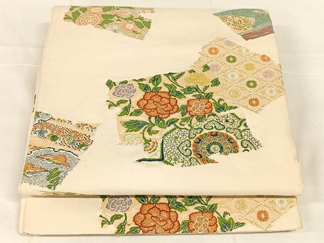 平和屋着物◎六通柄袋帯　唐織　色紙重ね花文　正絹　逸品　AABM7017dk