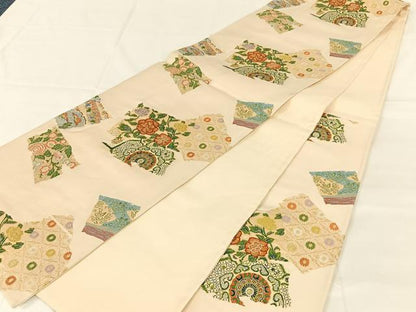 平和屋着物◎六通柄袋帯　唐織　色紙重ね花文　正絹　逸品　AABM7017dk