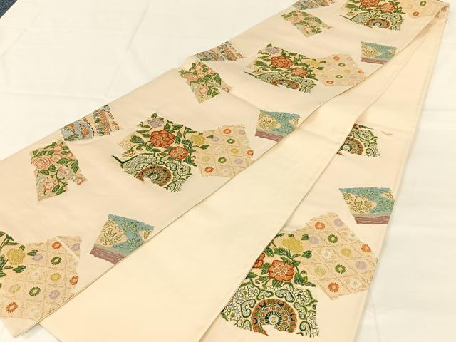 平和屋着物◎六通柄袋帯　唐織　色紙重ね花文　正絹　逸品　AABM7017dk