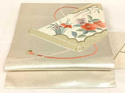 平和屋着物◎九寸名古屋帯　駒刺繍　花絵巻文　金銀糸　正絹　逸品　AABM7018dk