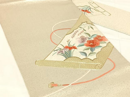 平和屋着物◎九寸名古屋帯　駒刺繍　花絵巻文　金銀糸　正絹　逸品　AABM7018dk