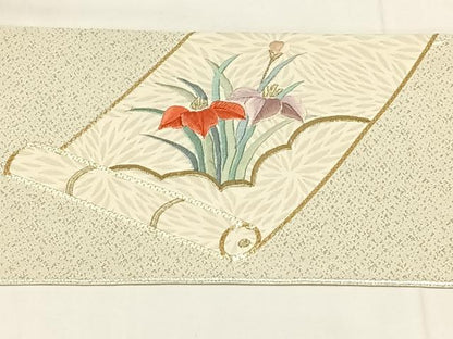 平和屋着物◎九寸名古屋帯　駒刺繍　花絵巻文　金銀糸　正絹　逸品　AABM7018dk