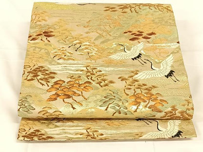平和屋着物◎アンティーク　大正ロマン　丸帯　飛鶴松文　金糸　正絹　逸品　AABM7019dk