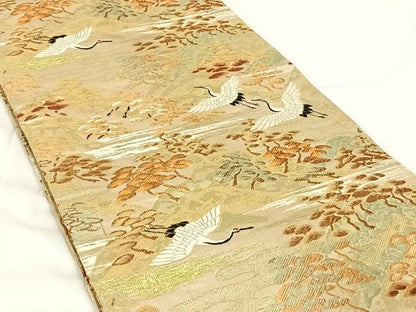 平和屋着物◎アンティーク　大正ロマン　丸帯　飛鶴松文　金糸　正絹　逸品　AABM7019dk