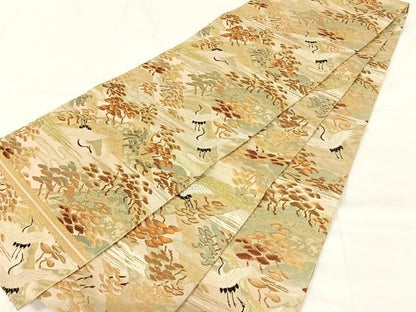 平和屋着物◎アンティーク　大正ロマン　丸帯　飛鶴松文　金糸　正絹　逸品　AABM7019dk