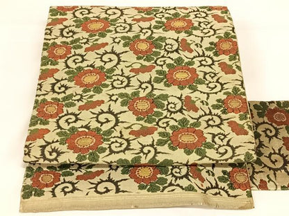 平和屋着物◎九寸名古屋帯　花唐草文　金糸　正絹　逸品　AABM7025dk