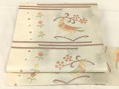 平和屋着物◎九寸名古屋帯　ふくれ織　花鳥文　金糸　正絹　逸品　AABM7026dk