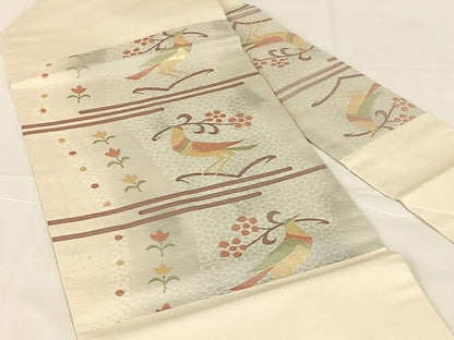 平和屋着物◎九寸名古屋帯　ふくれ織　花鳥文　金糸　正絹　逸品　AABM7026dk