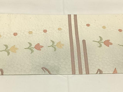 平和屋着物◎九寸名古屋帯　ふくれ織　花鳥文　金糸　正絹　逸品　AABM7026dk