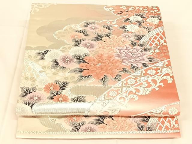 平和屋着物◎六通柄袋帯　唐織　花籬文　銀彩　正絹　逸品　AABM7030dk