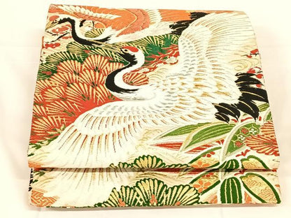 平和屋着物◎アンティーク　大正ロマン　丸帯　唐織　飛鶴松文　正絹　逸品　AABM7033dk
