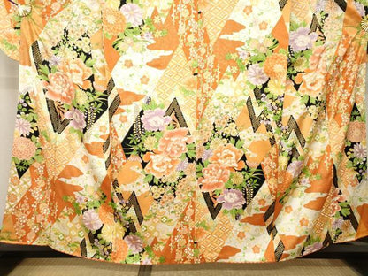 平和屋着物●小振袖　二尺袖　草花文　正絹　逸品　AABM7066ck