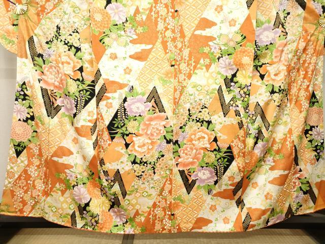 平和屋着物●小振袖　二尺袖　草花文　正絹　逸品　AABM7066ck
