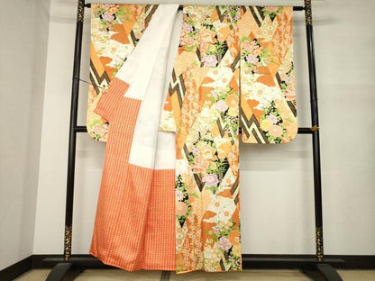 平和屋着物●小振袖　二尺袖　草花文　正絹　逸品　AABM7066ck