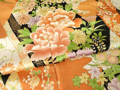 平和屋着物●小振袖　二尺袖　草花文　正絹　逸品　AABM7066ck