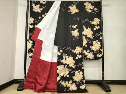 平和屋着物●豪華振袖　駒刺繍　舞桜　黒地　ロング丈　正絹　逸品　AABM7096ck