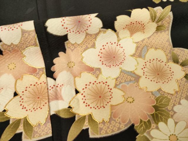 平和屋着物●豪華振袖　駒刺繍　舞桜　黒地　ロング丈　正絹　逸品　AABM7096ck