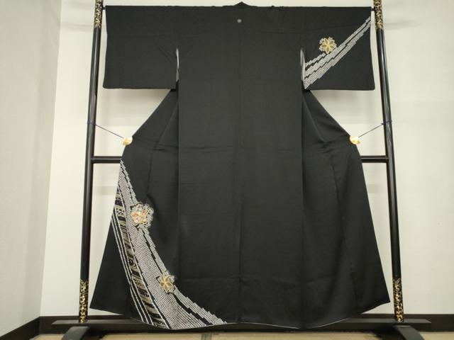 平和屋着物●訪問着　絞り　駒刺繍　舞花文　黒地　金彩　さが美扱い　正絹　逸品　AABM7118ck