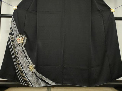 平和屋着物●訪問着　絞り　駒刺繍　舞花文　黒地　金彩　さが美扱い　正絹　逸品　AABM7118ck