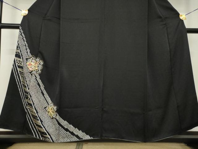 平和屋着物●訪問着　絞り　駒刺繍　舞花文　黒地　金彩　さが美扱い　正絹　逸品　AABM7118ck