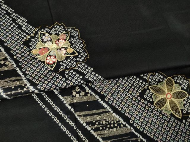 平和屋着物●訪問着　絞り　駒刺繍　舞花文　黒地　金彩　さが美扱い　正絹　逸品　AABM7118ck