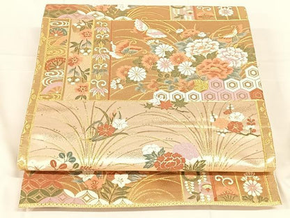 平和屋着物◎六通柄袋帯　唐織　花蝶文　金糸　正絹　逸品　AABM7286dk