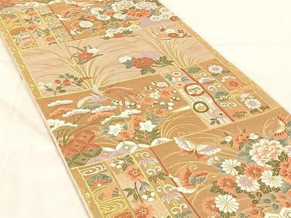 平和屋着物◎六通柄袋帯　唐織　花蝶文　金糸　正絹　逸品　AABM7286dk