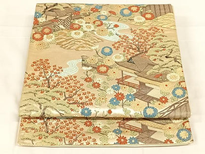 平和屋着物◎六通柄袋帯　唐織　風景花文　金糸　正絹　逸品　AABM7289dk