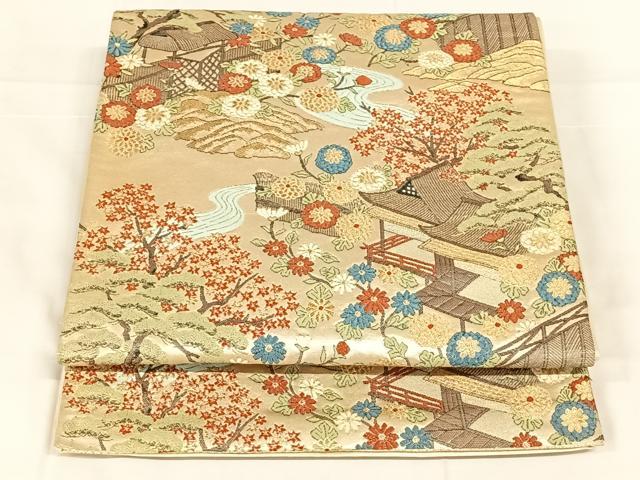 平和屋着物◎六通柄袋帯　唐織　風景花文　金糸　正絹　逸品　AABM7289dk