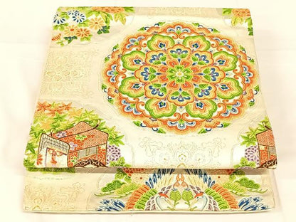 平和屋着物◎六通柄袋帯　唐織　御所車正倉院花文　金銀糸　正絹　逸品　AABM7300dk
