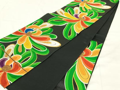 平和屋着物◎六通柄袋帯　唐織　草花文　黒地　金糸　正絹　逸品　AABM7305dk