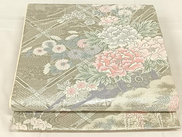 平和屋着物◎六通柄袋帯　唐織　草花文　銀糸　正絹　逸品　AABM7311dk